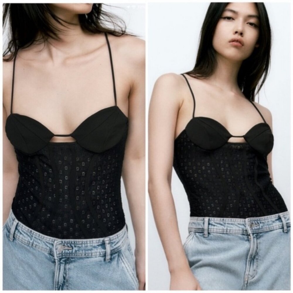 Zara Lace Bodysuit Corset Cut Out  Openwork Embroidery NWOT M